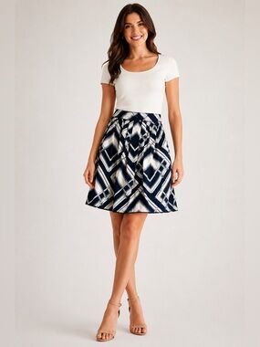 Talbots Petites Navy & White Geometric A-Line Cotton Skirt Size 12 | Lined Midi